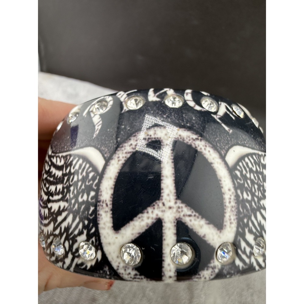 Chunky Bangle Cuff Bracelet Black White Angel Wings Peace Rhinestone 8.5" - Picture 2 of 7